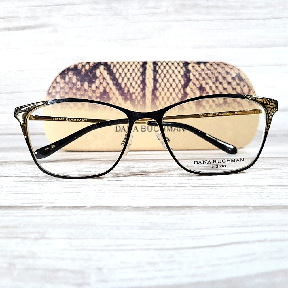 New Rx'able Eyeglass Frame w/ case, Dana Buchman Full Rim Black/Gold 53-15-135